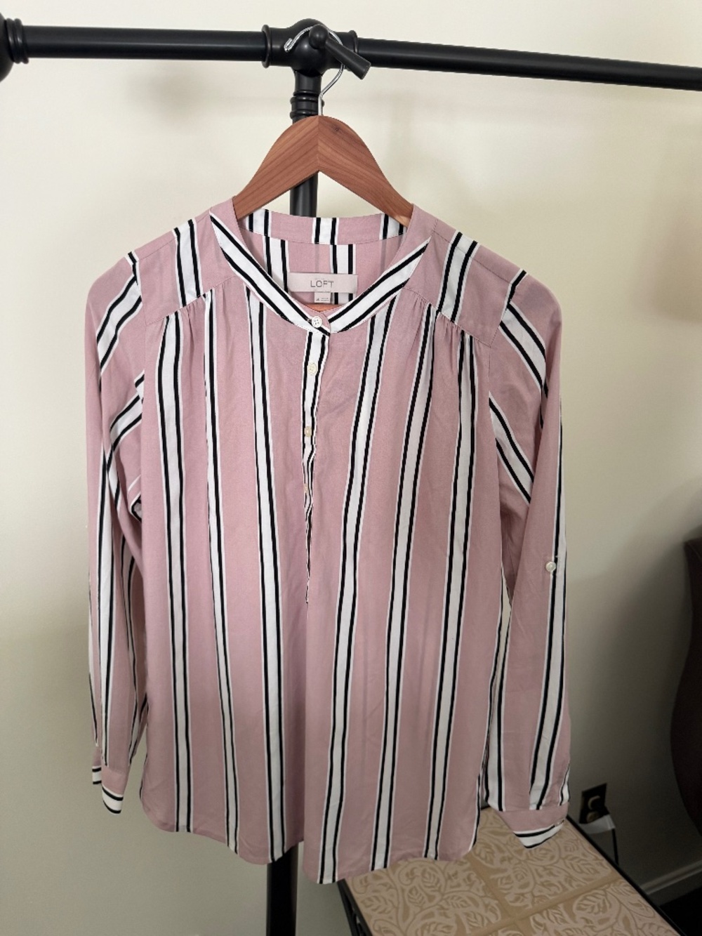 LOFT Pink & Black Vertical Striped Utility Blouse Roll Tab Sleeve